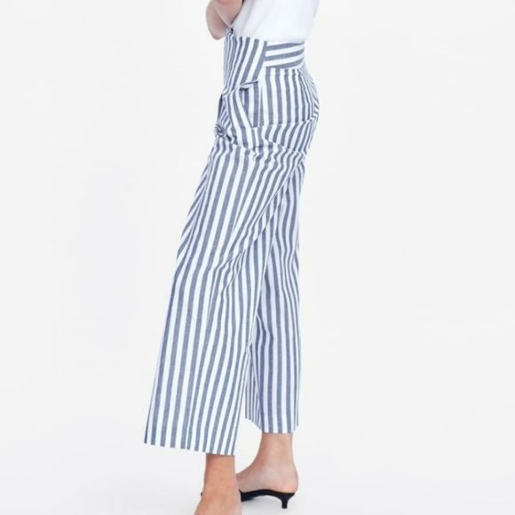 ZARA Women's Blue White Striped Wide Leg Pleated Cropped Pants Size Large - Picture 3 of 16